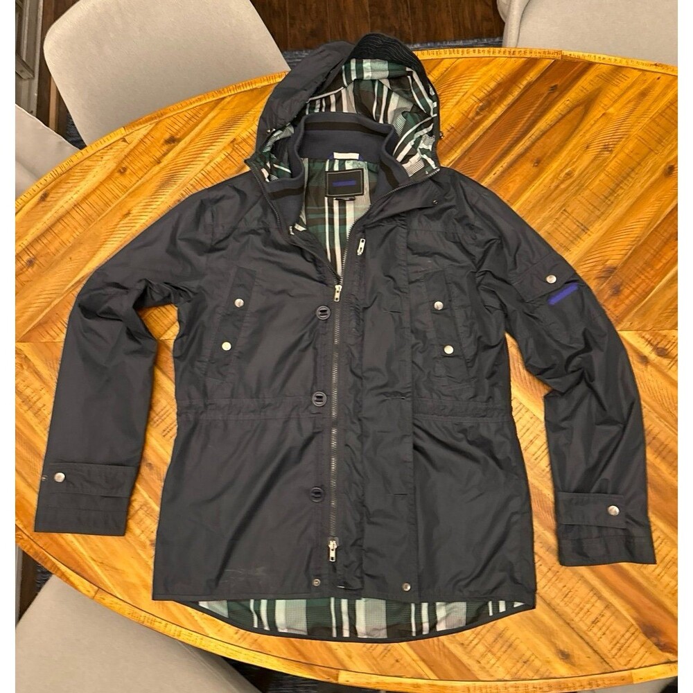 Minimalist Designer Rain Jacket Plaid Lined Tech Shell Hooded Gilt Sample Sale